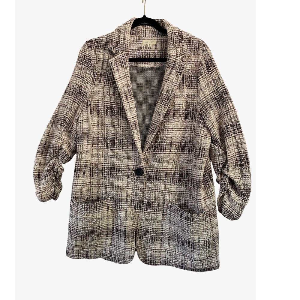Max Studio Blazer Women XL Cream Brown Plaid Ruched 3/4 Sleeve Single Button